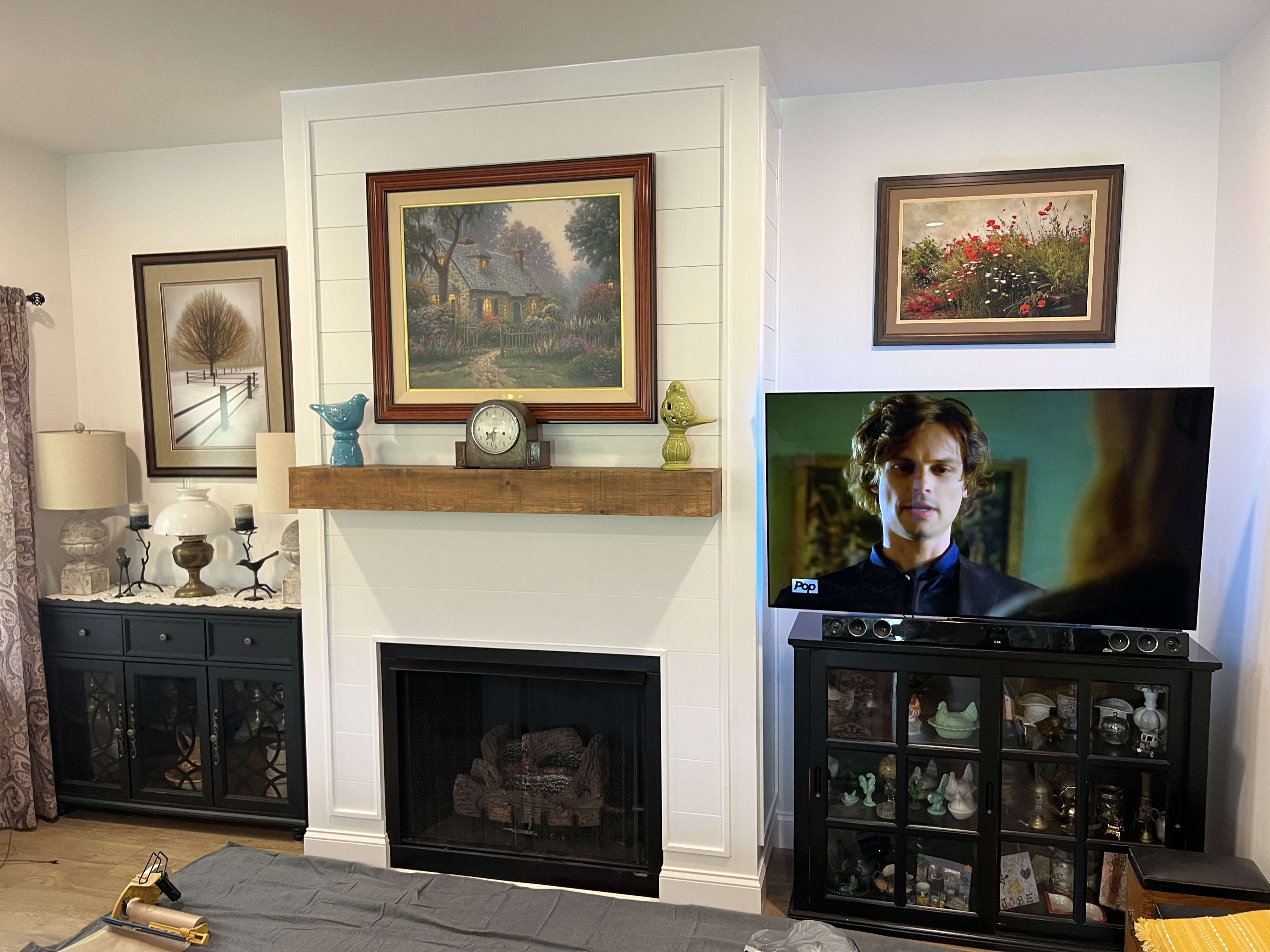 Full fireplace surround remodel with shiplap accent wall